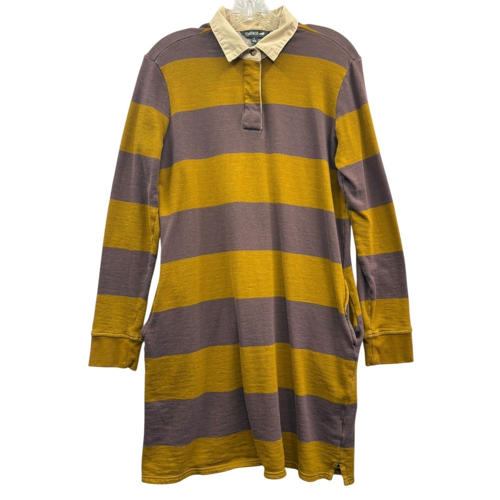 Toad&Co Striped Rugby Dress Mustard‎ Brown Long Sleeve Travel Casual Outdoor L